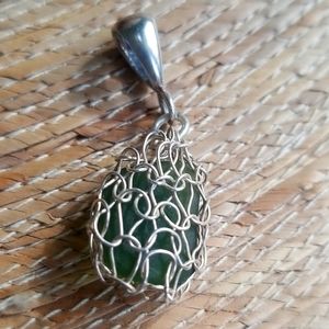 Sterling silver sea glass crocheted green pendant handmade